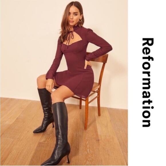 NWT Reformation Vivianne Maroon Sweetheart Tie Neck Long Sleeve Mini Dress 8 - Picture 15 of 15